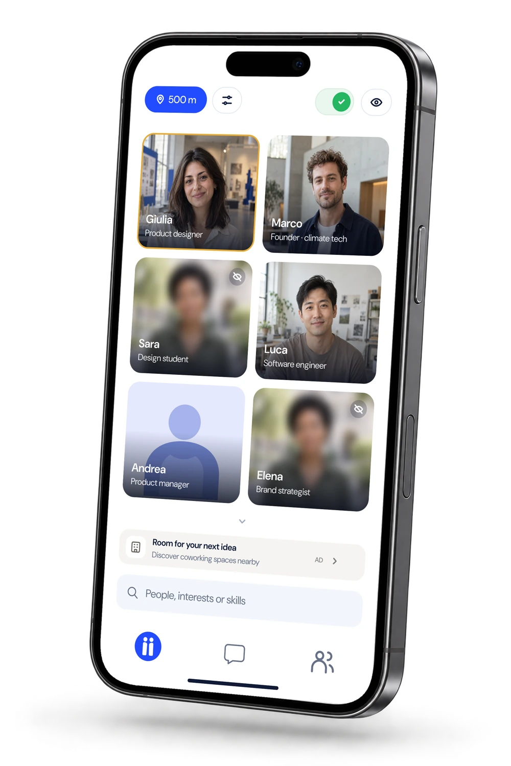 Tiing app showing people nearby, smart search, visibility controls and messages